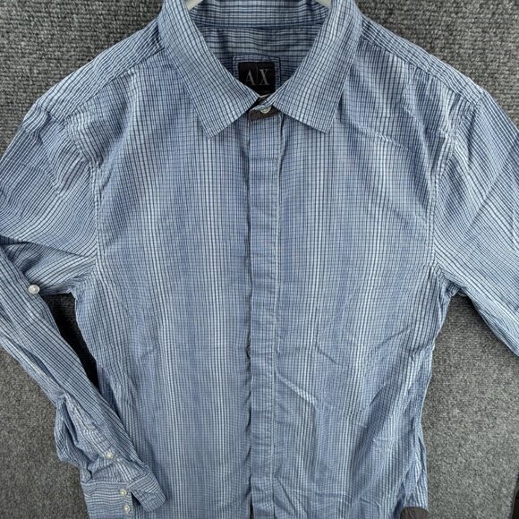 Armani Exchange Hidden Buttons Button Up Shirt Long Sleeve Blue Medium Slim Fit - Picture 1 of 16
